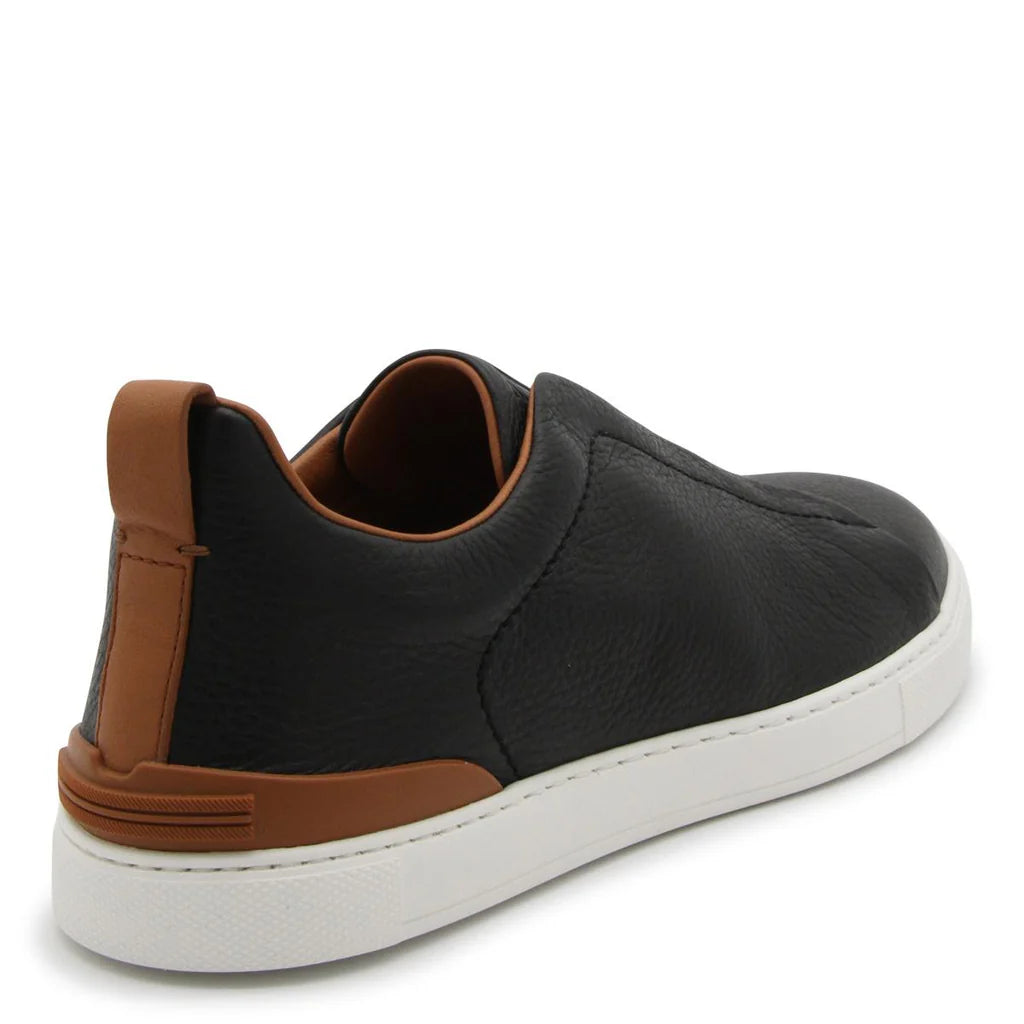 Zegna Men’s Black Leather Slip-On Sneakers – UK Size | Lightweight EVA & TPU Sole