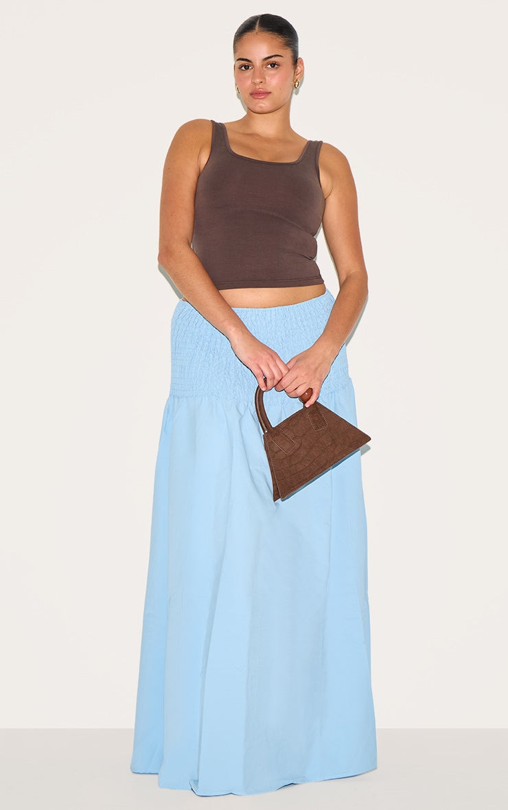 Plus Baby Blue Shirred Waist Cotton Poplin Maxi Skirt