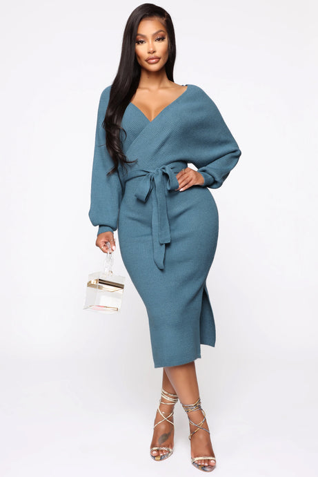 Mona Sweater Midi Dress - Dusty Blue