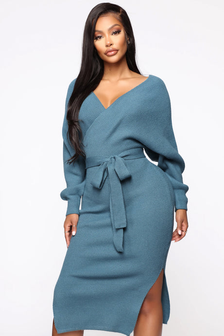 Mona Sweater Midi Dress - Dusty Blue