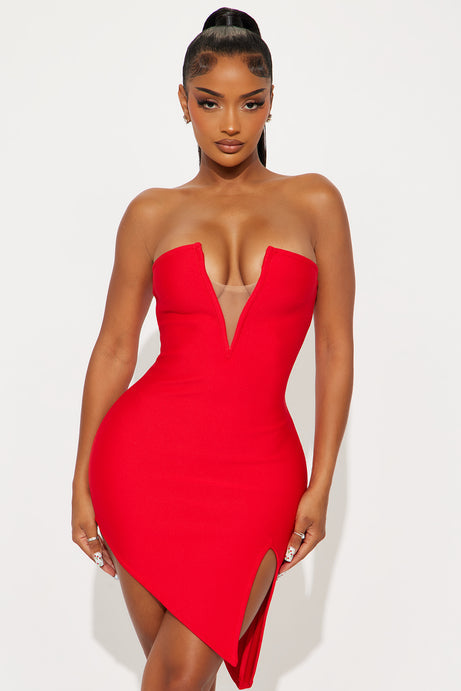 Elara Asymmetrical Bandage Mini Dress - Red