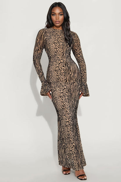 Safari Escape Backless Mesh Maxi Dress - Leopard