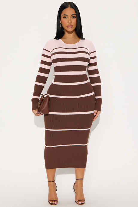 Striped And Sweet Midi Dress - Pink/combo