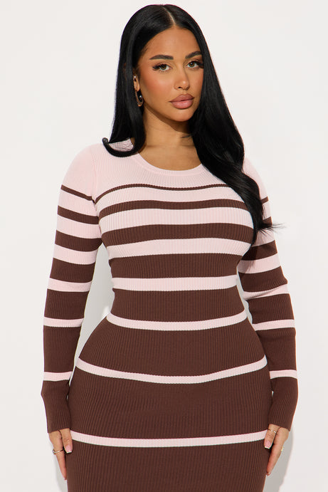 Striped And Sweet Midi Dress - Pink/combo