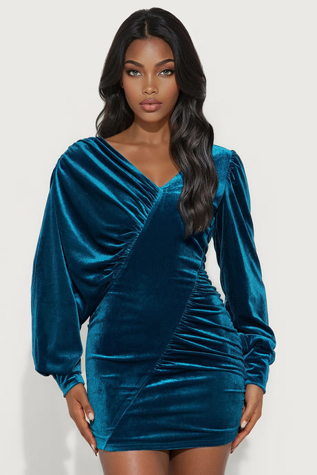 Vanessa Long Sleeve Velvet Mini Dress - Teal