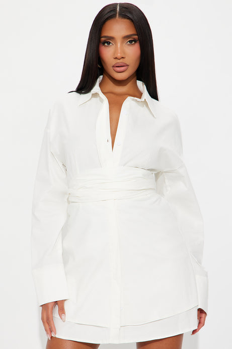 Stay Up Criss Cross Poplin Shirt Mini Dress - White