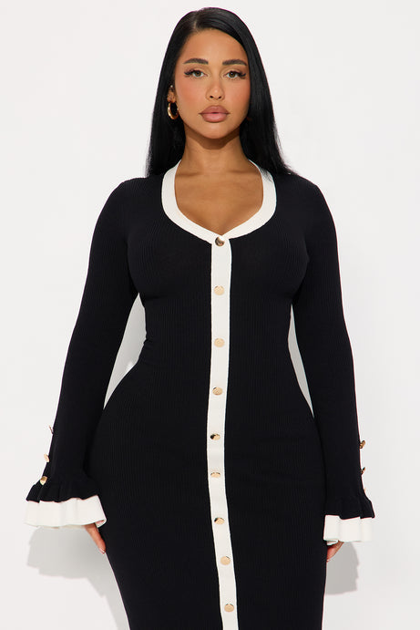 Rue Ruffle Sleeve Sweater Midi Dress - Black