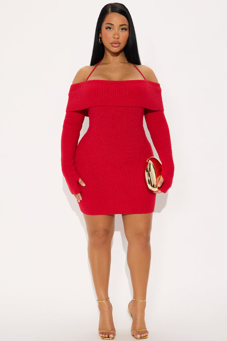 Hannah Open Back Sweater Mini Dress - Red