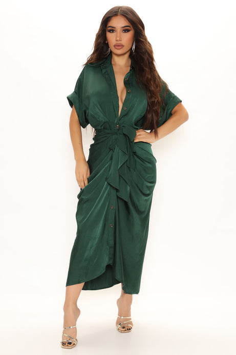 Stuck In The City Satin Midi Dress - Hunter
