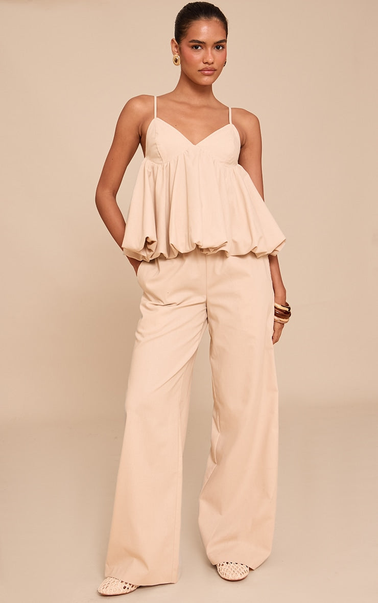 Sand Wide Leg Drawstring Trousers