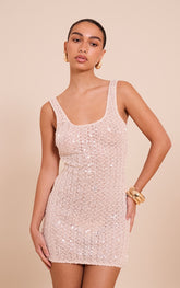 Natural Sequin Scoop Neck Mini Dress
