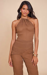 Chocolate Brown Textured Sheer Woven Backless Asymmetric Long Top