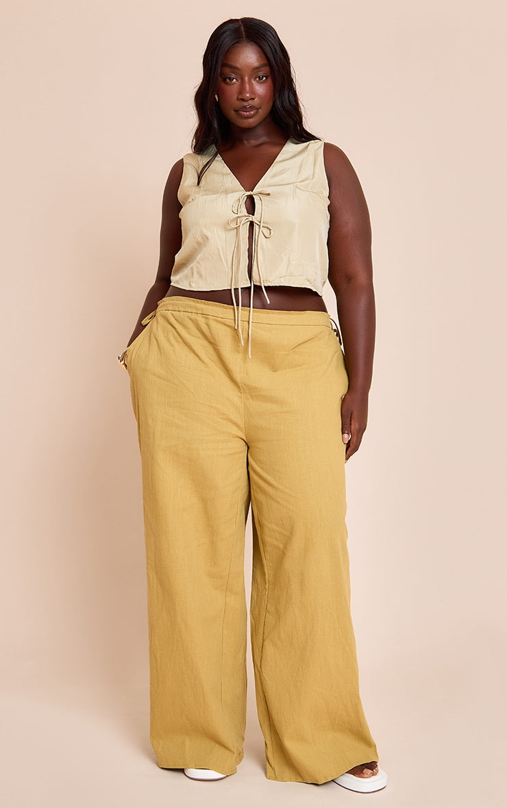Plus Olive Premium Linen Side Tie Detail Wide Leg Trousers