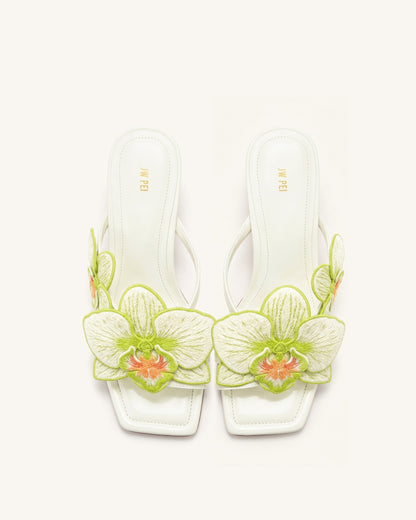 Serena Orchid Embroidered Toe Ring Heeled Sandals - Ivory Green