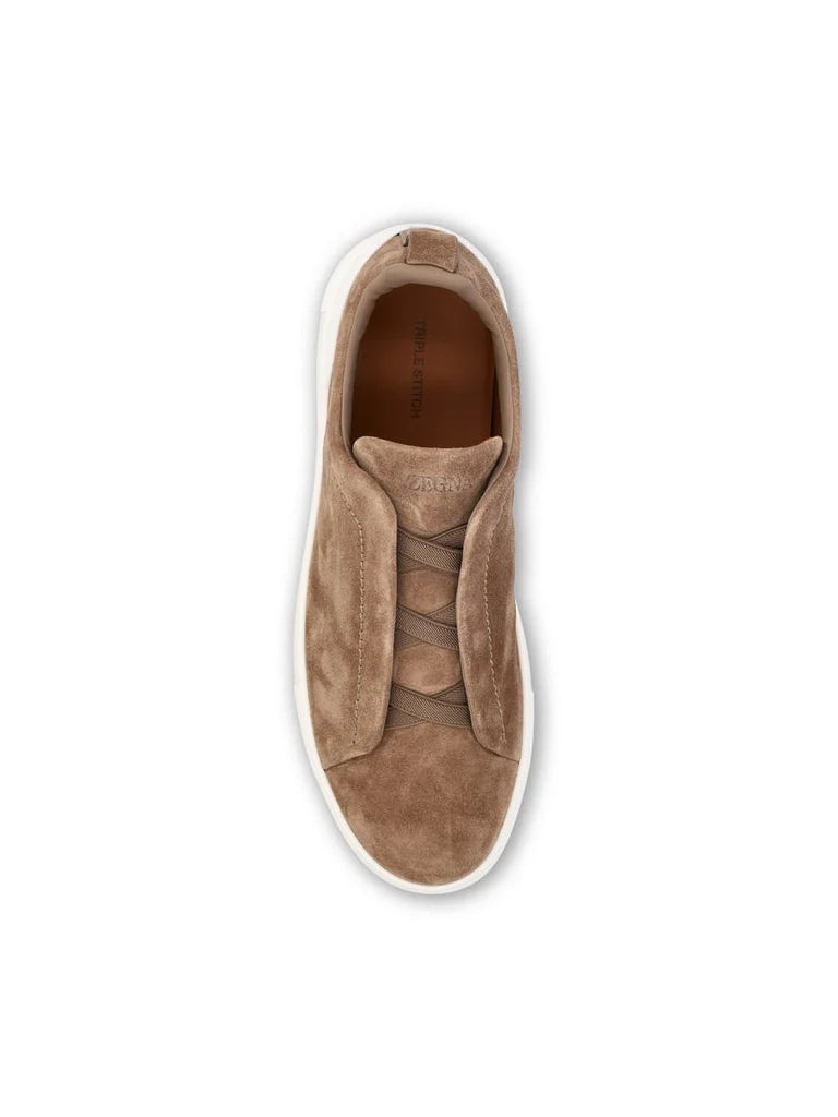 Zegna Men’s Triple Stitch™ Beige Suede Slip-On Sneakers – Made in Italy | Elegant Smart-Casual Footwear