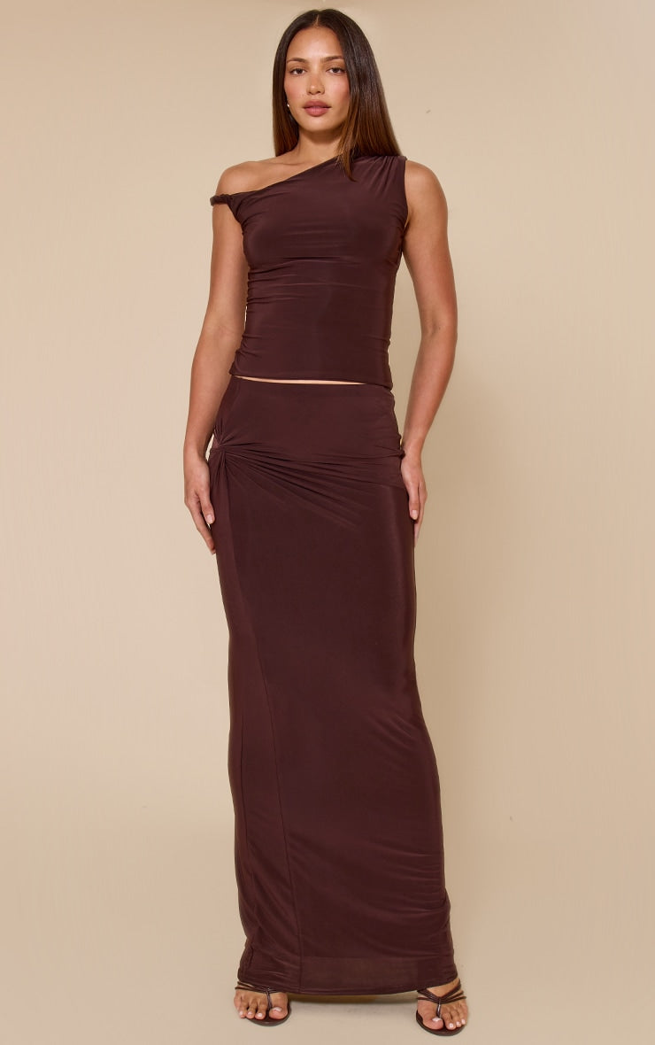 Tall Chocolate Double Layer Slinky Twist Ruched Maxi Skirt