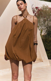 Dark Ochre Halterneck Bead Detail Puffball Dress