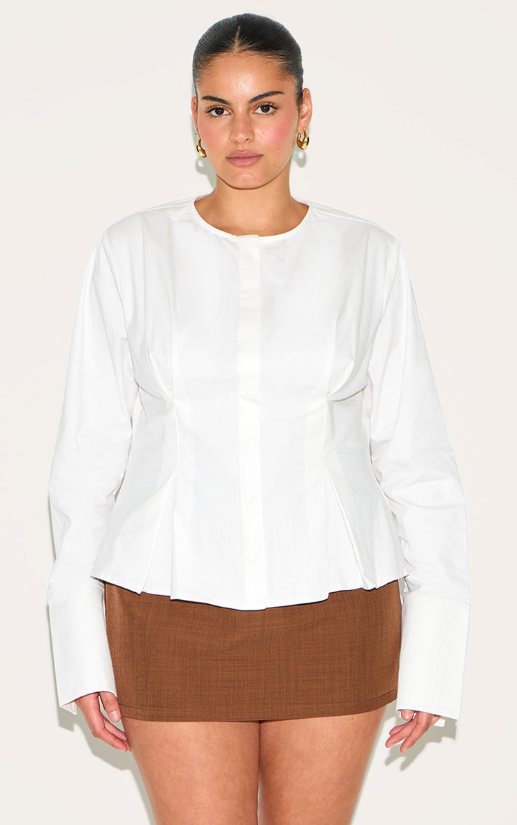 Plus White Cotton Pleat Detail Long Sleeve Shirt