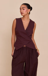 Deep Chocolate Premium Linen Blend Button Asymmetric Waistcoat