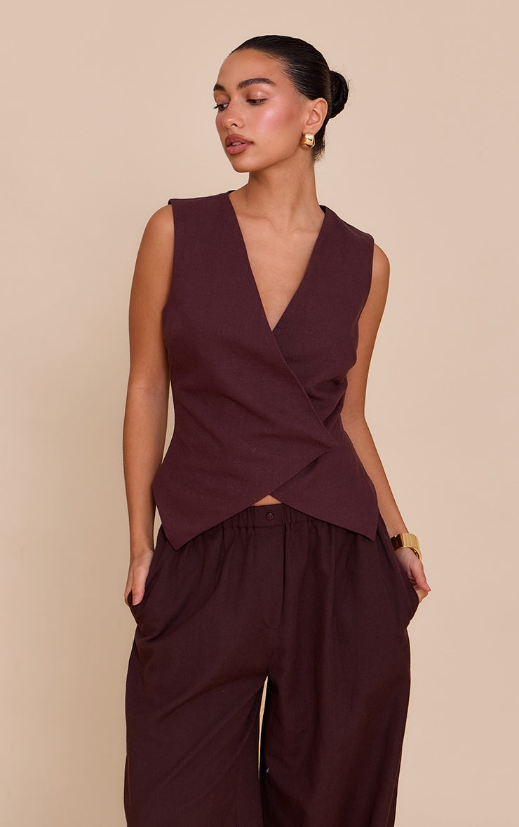 Deep Chocolate Premium Linen Blend Button Asymmetric Waistcoat