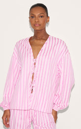 Pink Striped Textured Tie Front Shirt