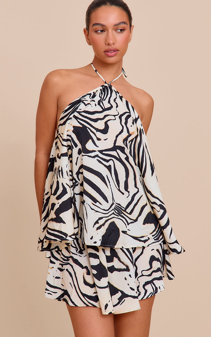 Cream Zebra Print Satin Floaty Shorts