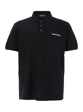 Dsquared2 Black Polo Shirt with Classic Collar and Logo Lettering on the Front in Cotton Woman