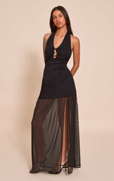 Petite Black Halterneck Trim Detail Mesh Panel Maxi Dress