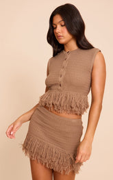 Mocha Rib Fringe Hem Knit Skirt