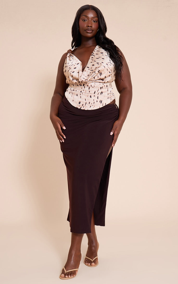 Plus Chocolate Stretch Chiffon Trim Detail Maxi Skirt