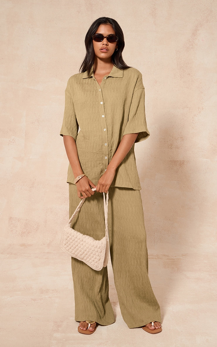 Chartreuse Textured Woven Drawstring Wide Leg Trouser