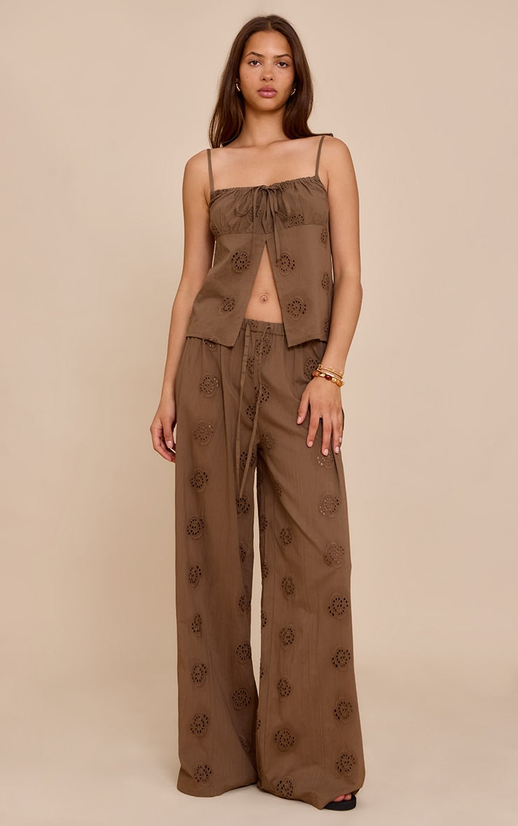 Brown Broderie Swirl Detail Straight Leg Trousers
