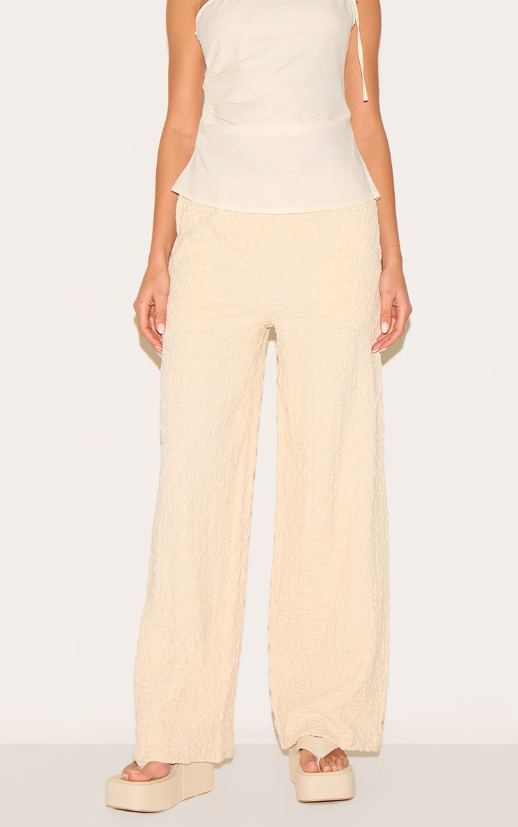 Cream Textured Jersey Drawstring Waist Wide Leg Trousers