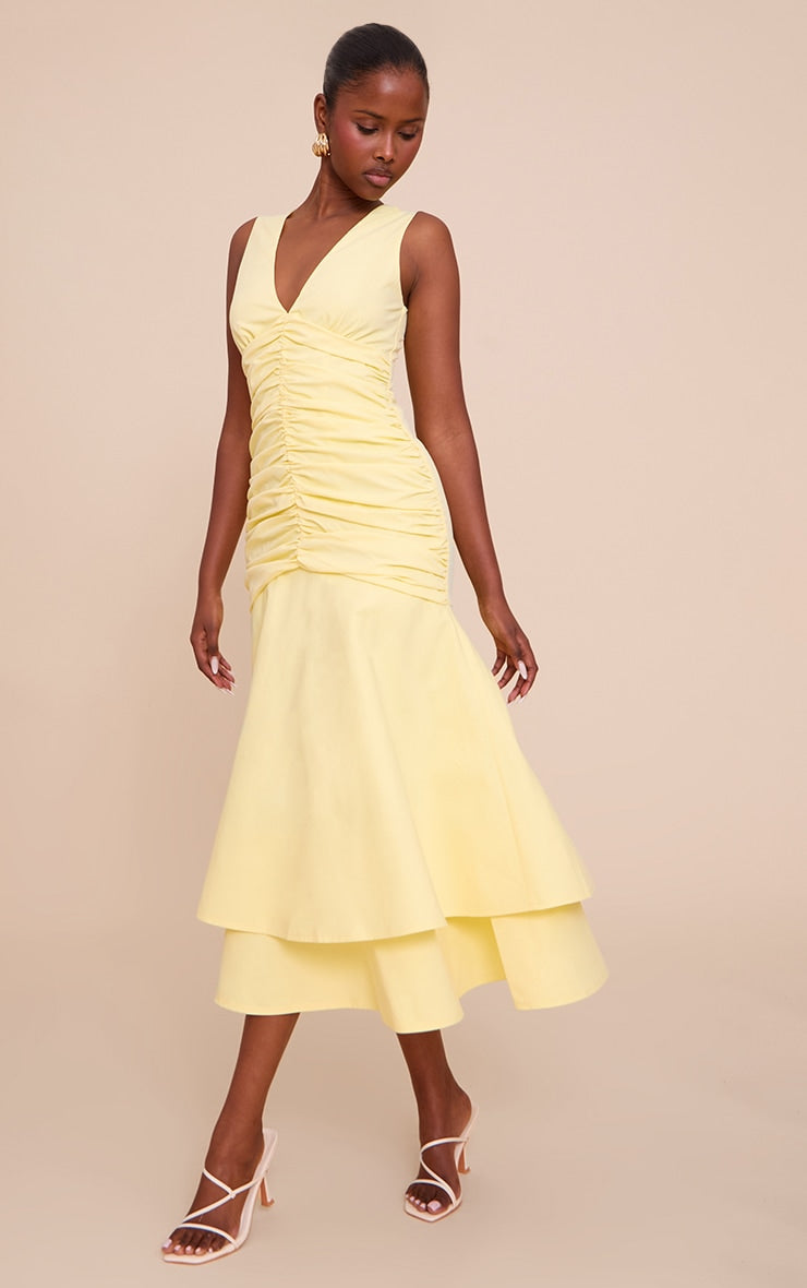 Lemon Woven Ruched Dropped Waist Midaxi Dress