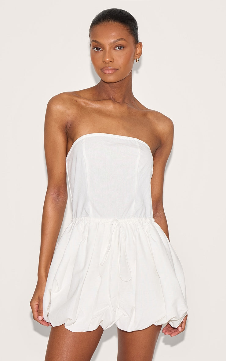 White Linen Bandeau Tie Waist Puffball Dress