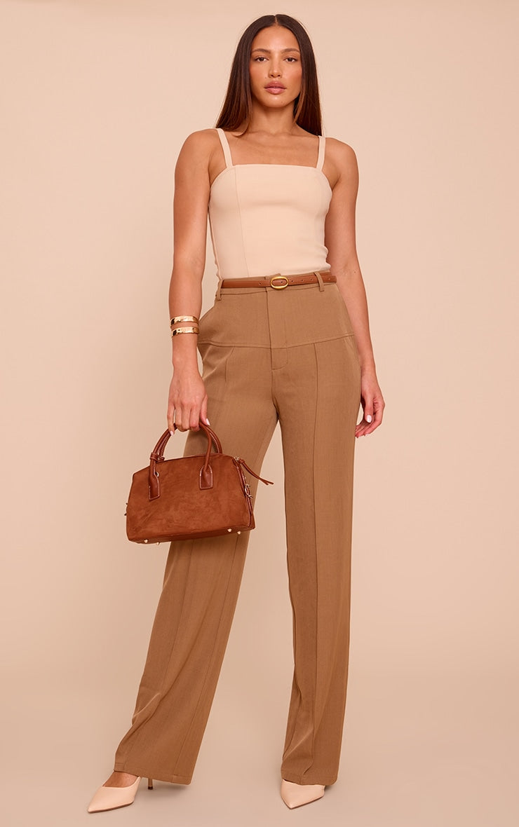 Tall Brown Tailored Thick Belted Waistband Detail Wide Leg Trousers