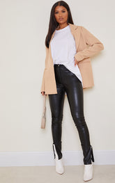 Black Faux Leather Split Hem Straight Leg Trousers