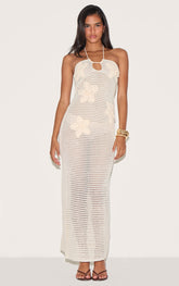 Cream Flower Applique Crochet Maxi Dress