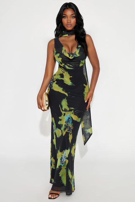 Ur Muse Chiffon Abstract Maxi Dress - Black/Green