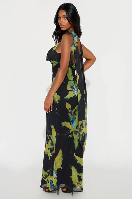 Ur Muse Chiffon Abstract Maxi Dress - Black/Green