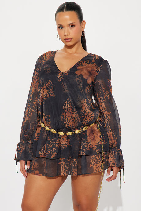 Bohemian Bliss Belted Chiffon Mini Dress - Brown/combo