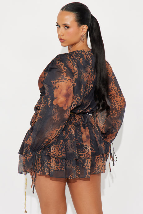 Bohemian Bliss Belted Chiffon Mini Dress - Brown/combo