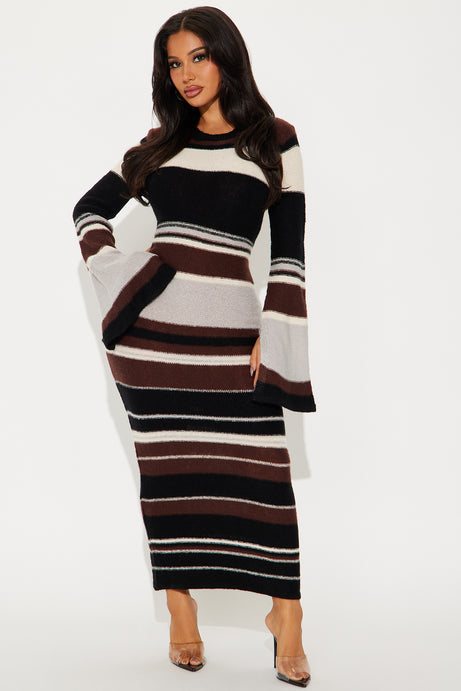 Mila Bell Sleeve Sweater Maxi Dress - Brown/combo