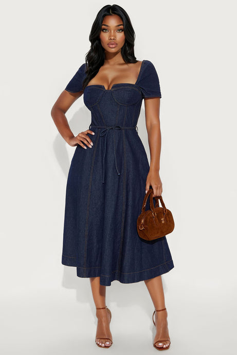 Sweet Chick Cap Sleeve Denim Midi Dress - Dark Wash