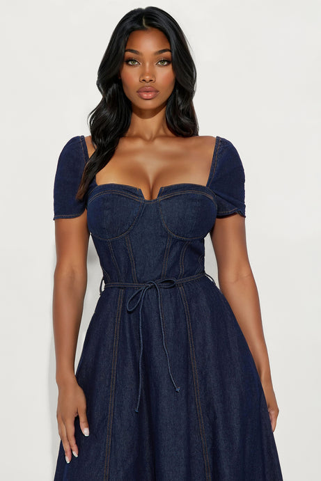 Sweet Chick Cap Sleeve Denim Midi Dress - Dark Wash