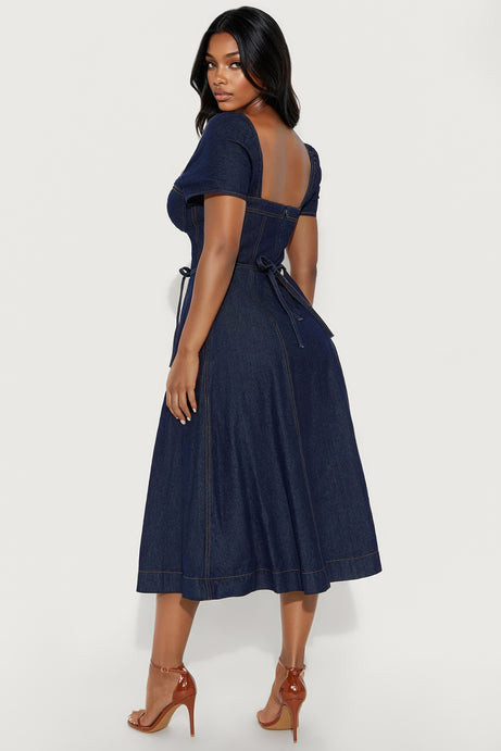 Sweet Chick Cap Sleeve Denim Midi Dress - Dark Wash