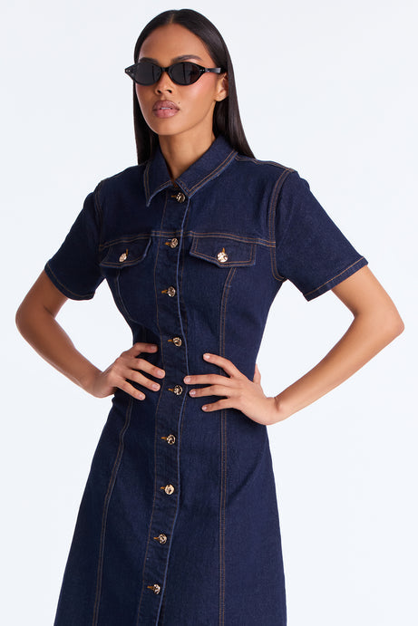 Deandra Denim Stretch Short Sleeve Midi Dress - Dark Denim