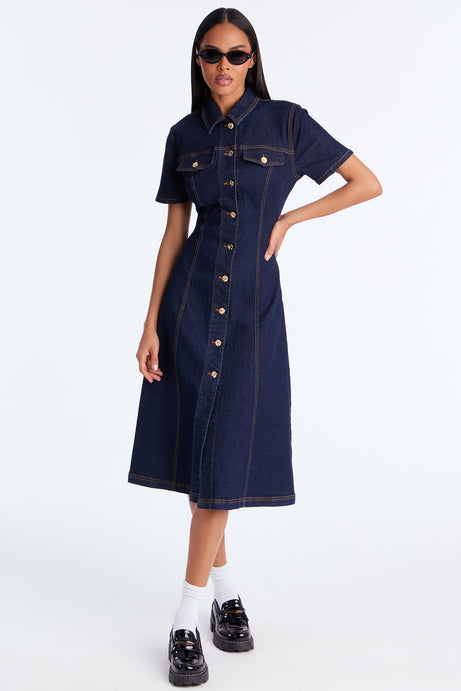 Deandra Denim Stretch Short Sleeve Midi Dress - Dark Denim