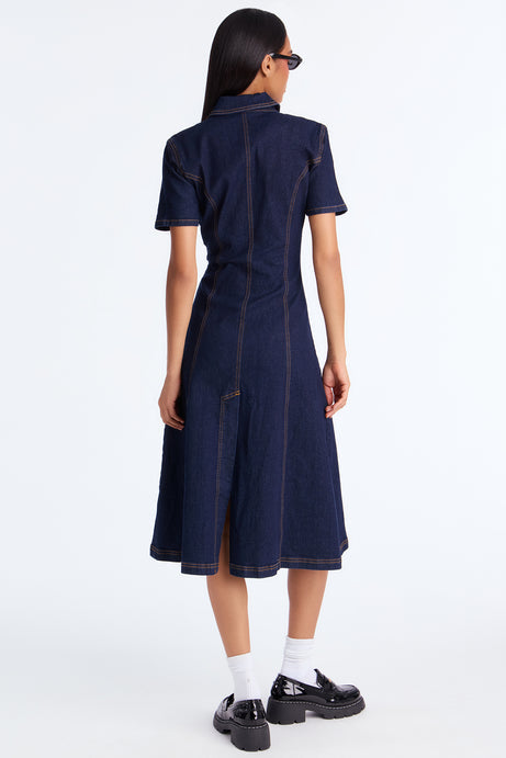 Deandra Denim Stretch Short Sleeve Midi Dress - Dark Denim
