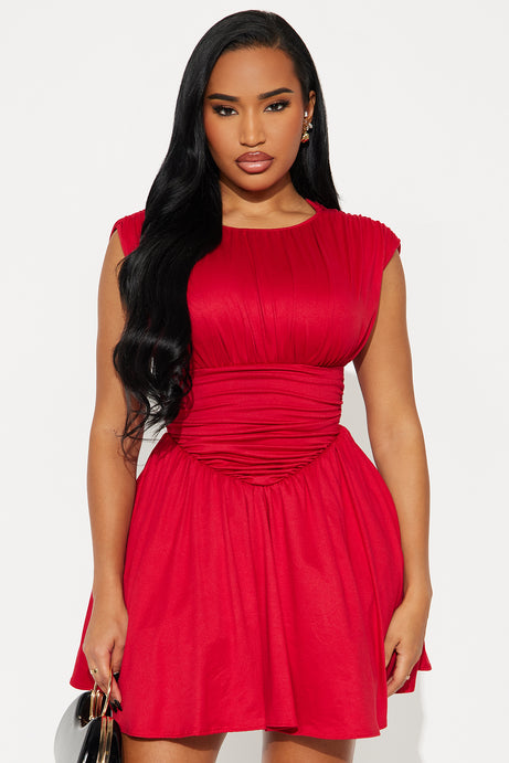 Riley Ruched Sleeveless Mini Dress - Red